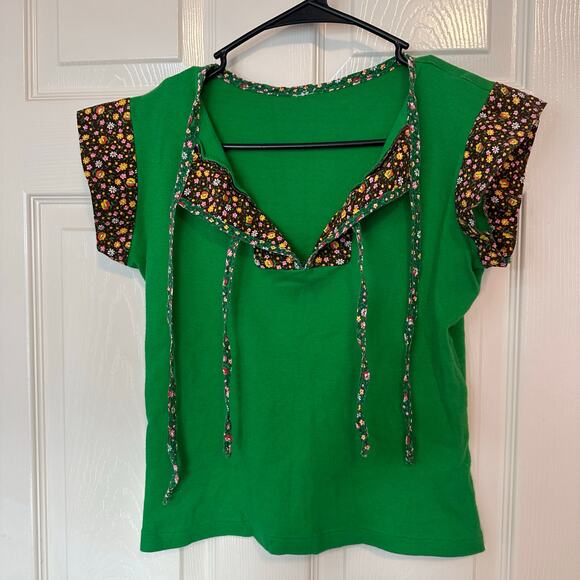 Vintage Green V-Neck Short Sleeve T-Shirt Top No Size No Brand Floral Detail - Picture 4 of 7